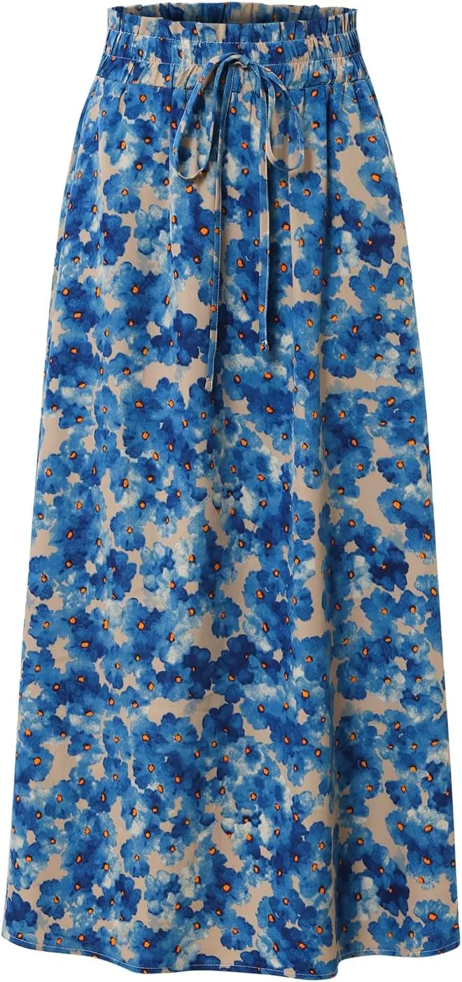Ladies Printed Elastic Waist Skirt in Spring Summer and Autumn Leisure Long Skirt Pocket Skirt