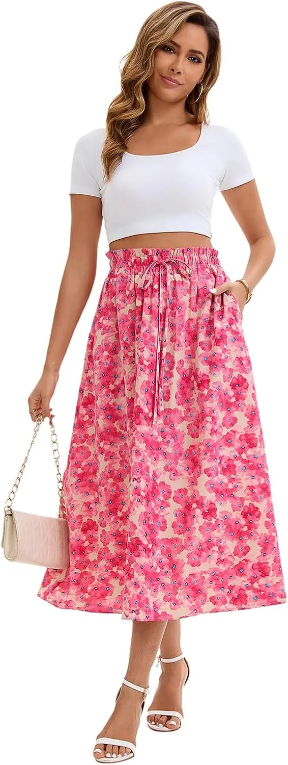 Ladies Printed Elastic Waist Skirt in Spring Summer and Autumn Leisure Long Skirt Pocket Skirt