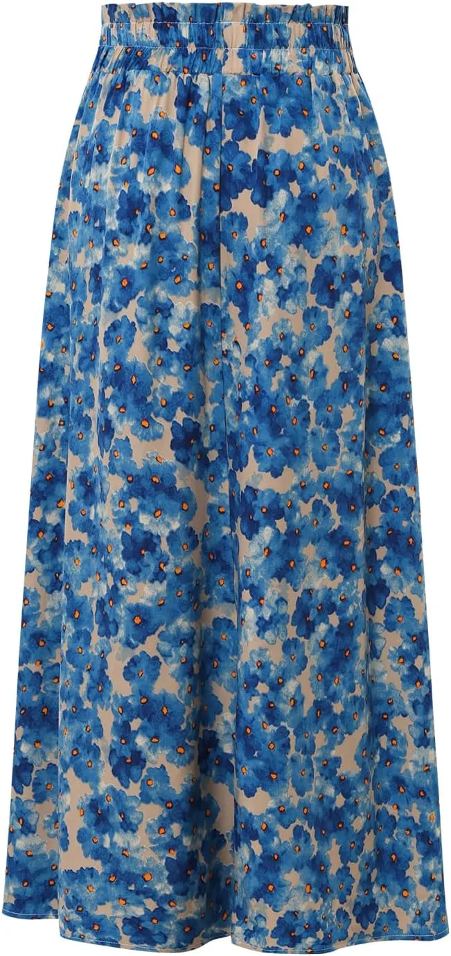 Ladies Printed Elastic Waist Skirt in Spring Summer and Autumn Leisure Long Skirt Pocket Skirt