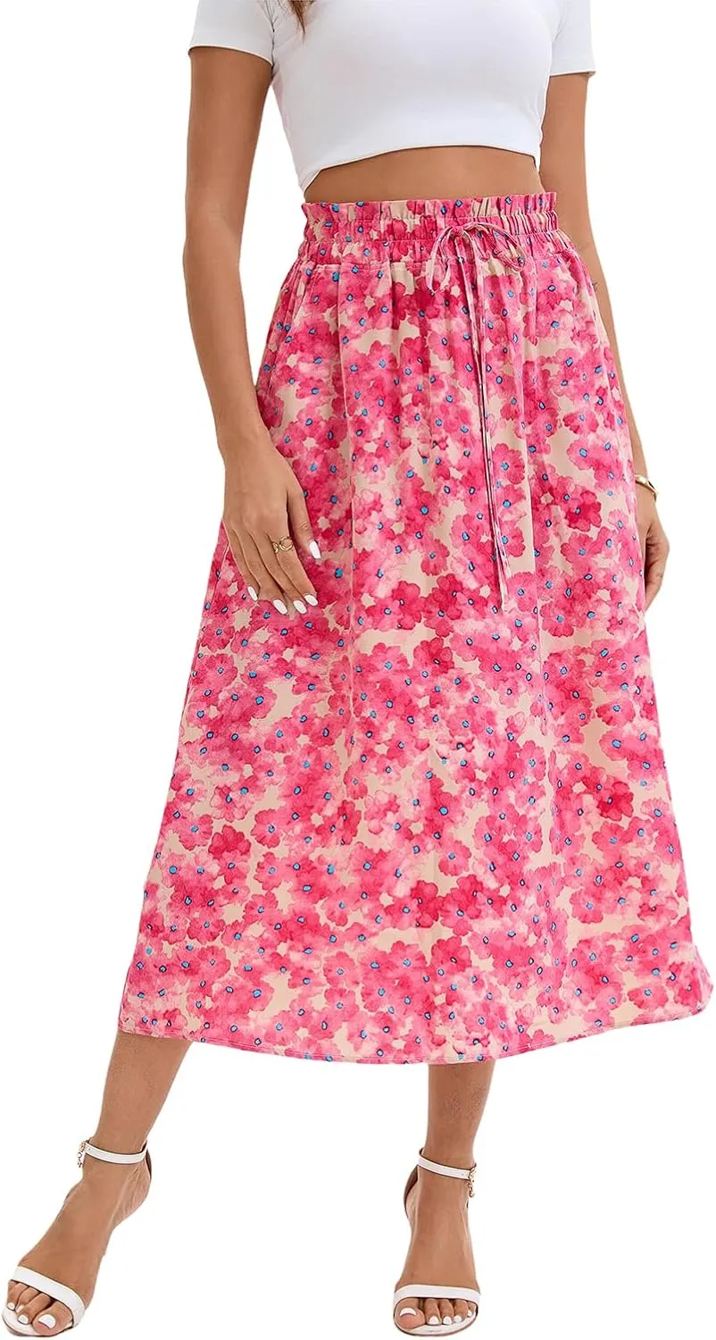 Ladies Printed Elastic Waist Skirt in Spring Summer and Autumn Leisure Long Skirt Pocket Skirt