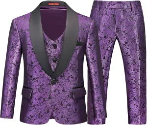 Lamgool Boys Suit 3 Pieces Slim Fit Tuxedo Formal Set with Floral Jacquard Jacket Pant Vest for Wedding Prom Party Size 4-16Y