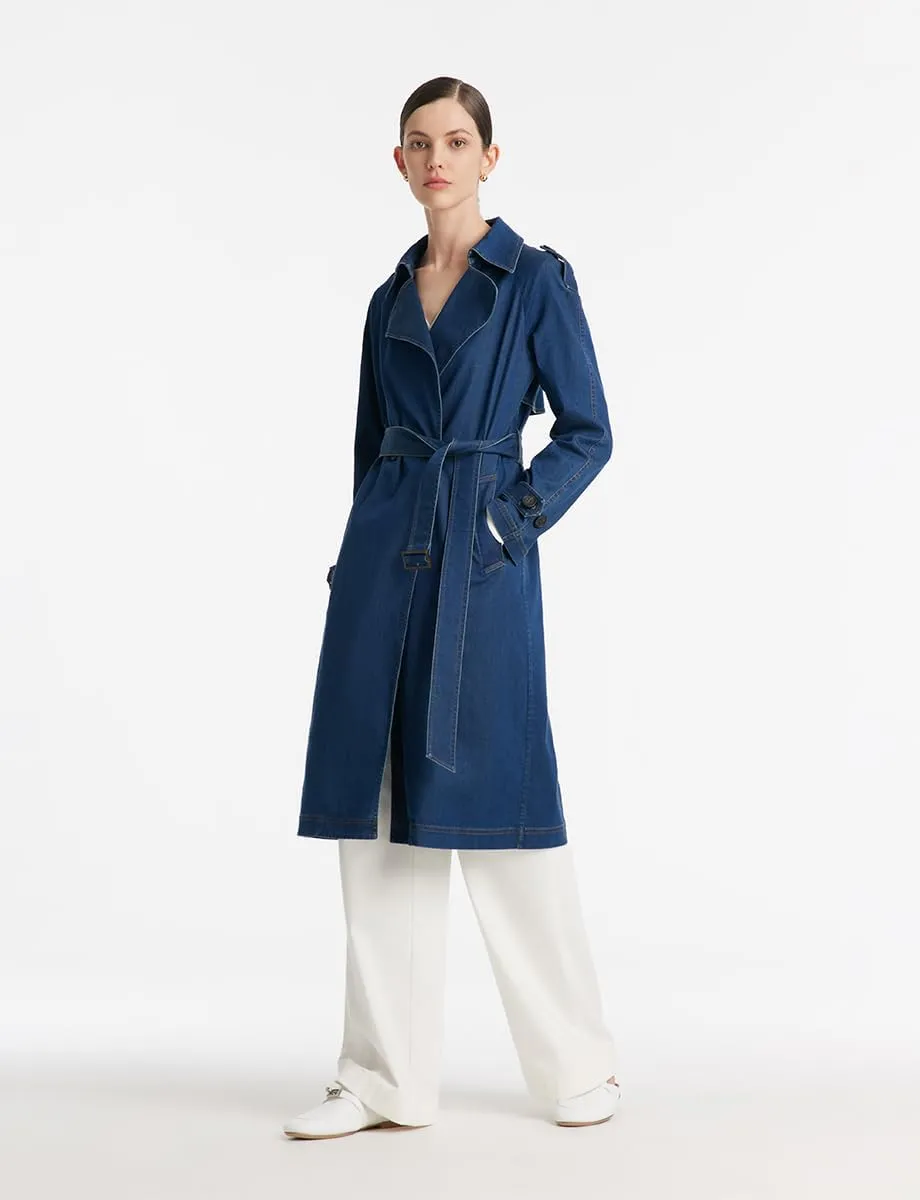Lapel Button Long Trench Coat for Women Denim Blue Cotton Trench Coat Women with Belt