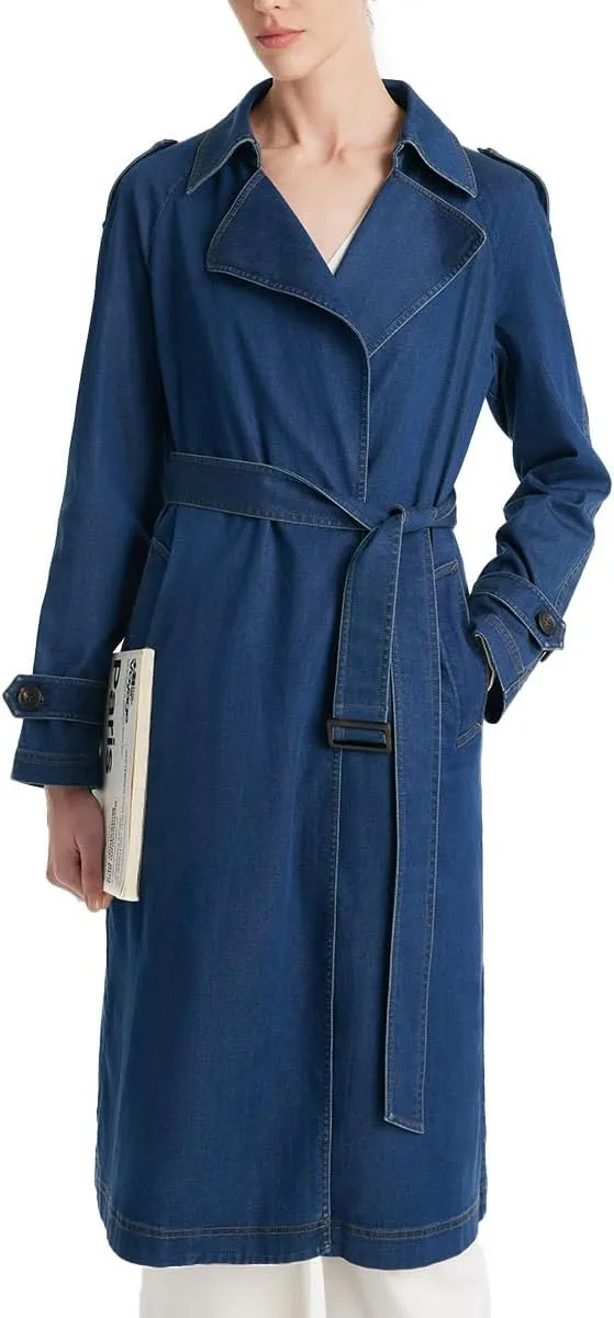 Lapel Button Long Trench Coat for Women Denim Blue Cotton Trench Coat Women with Belt