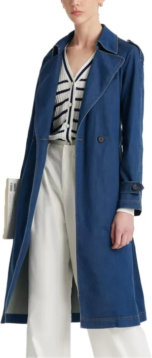Lapel Button Long Trench Coat for Women Denim Blue Cotton Trench Coat Women with Belt