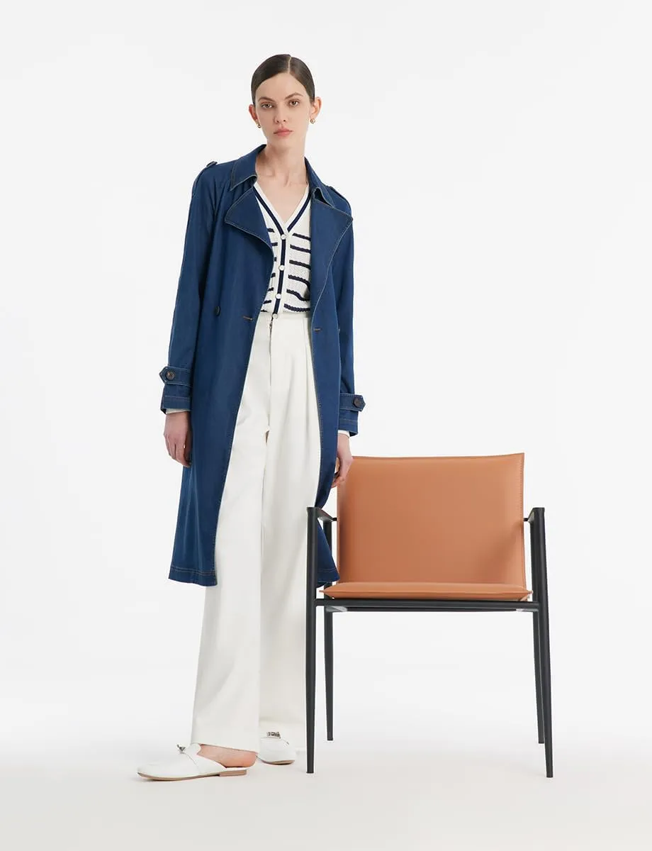 Lapel Button Long Trench Coat for Women Denim Blue Cotton Trench Coat Women with Belt