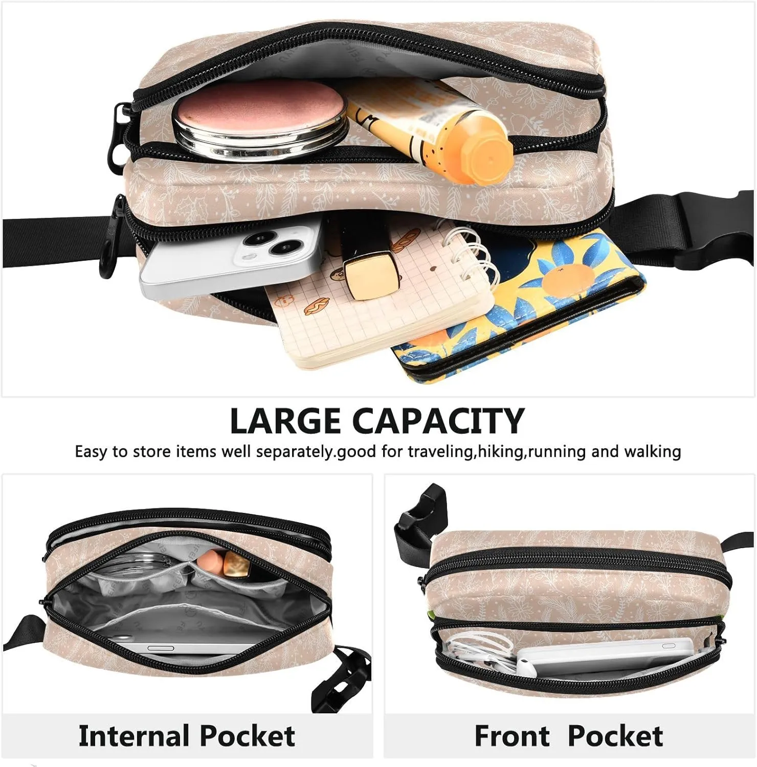 Large Crossbody Fanny Pack men women Waist Packs Water-resistant Leaves Pattern belt Bag for Hiking Running,Multi10