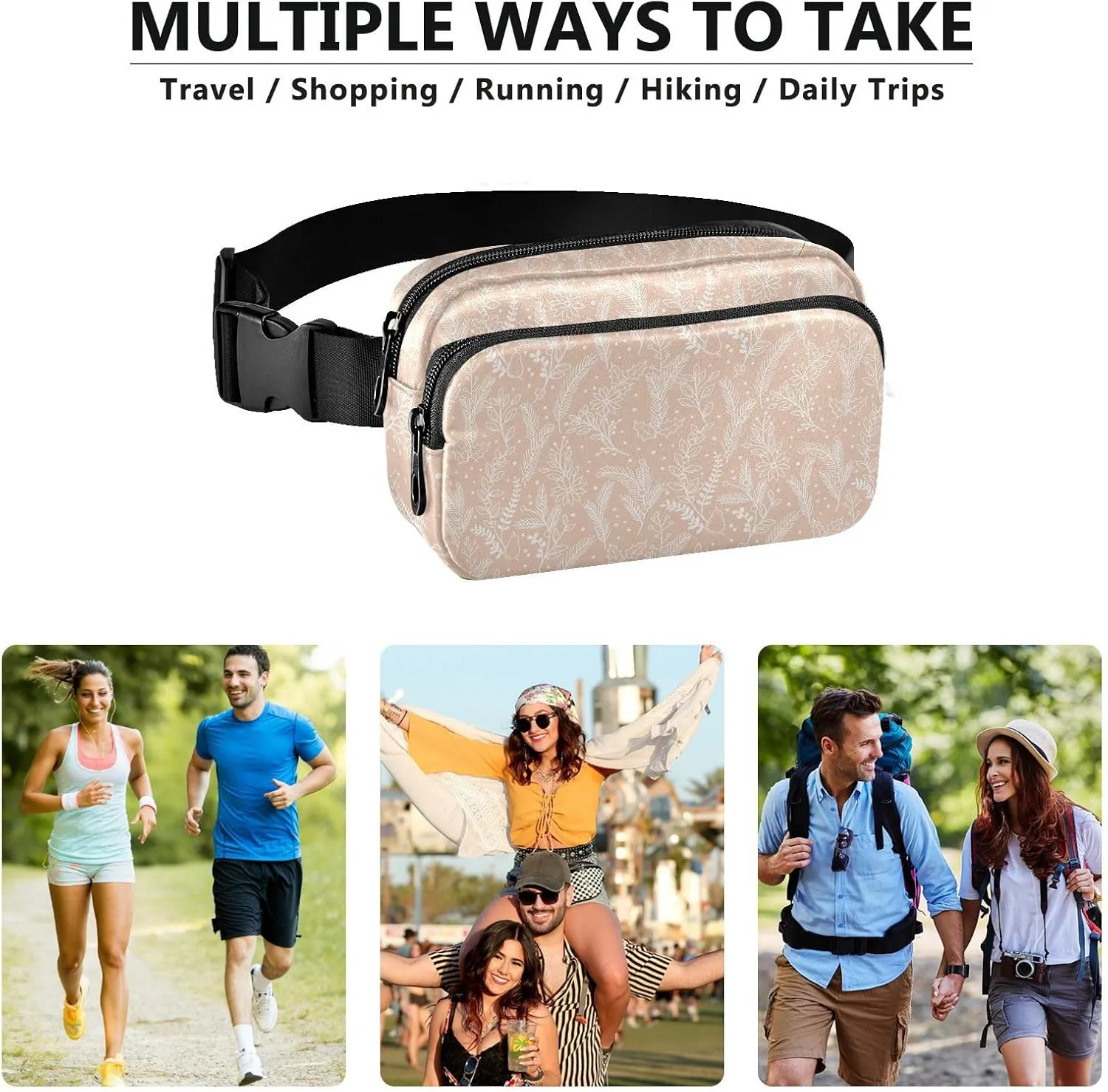 Large Crossbody Fanny Pack men women Waist Packs Water-resistant Leaves Pattern belt Bag for Hiking Running,Multi10