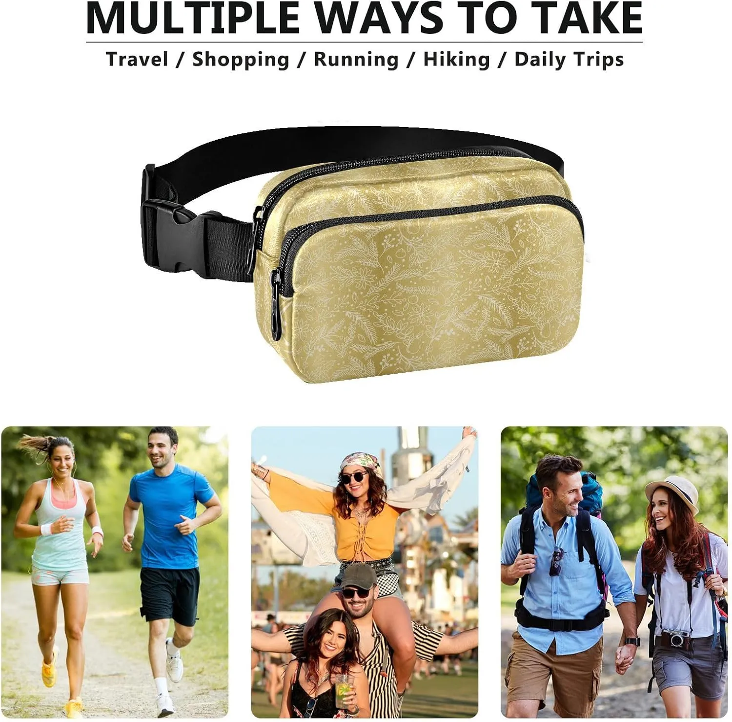 Large Crossbody Fanny Pack men women Waist Packs Water-resistant Leaves Pattern belt Bag for Hiking Running,Multi4