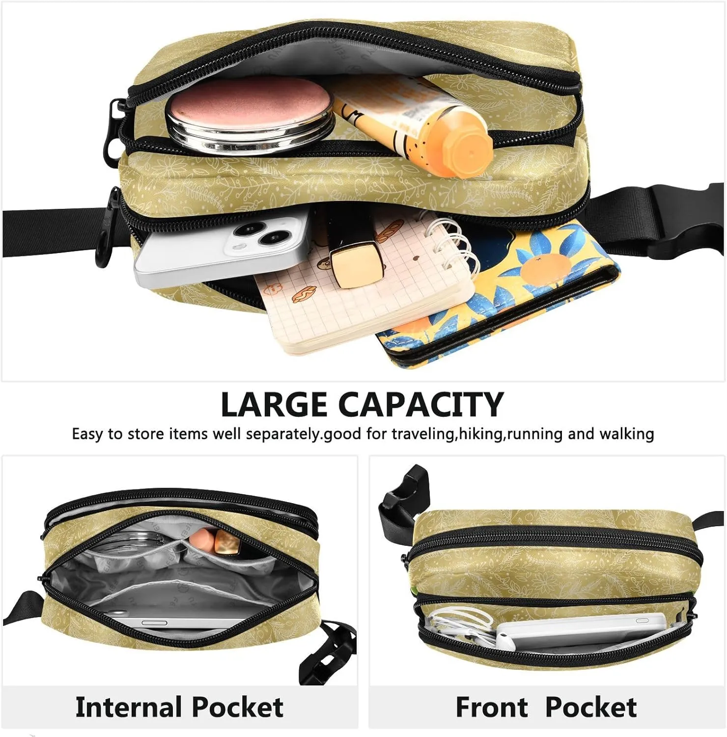 Large Crossbody Fanny Pack men women Waist Packs Water-resistant Leaves Pattern belt Bag for Hiking Running,Multi4