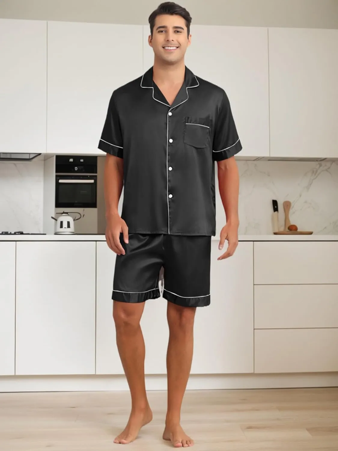 Lars Amadeus Satin Pajamas Set for Men's Short Sleeve Sleepwear Loungewear Shirts and Shorts 2 Pieces Pajama