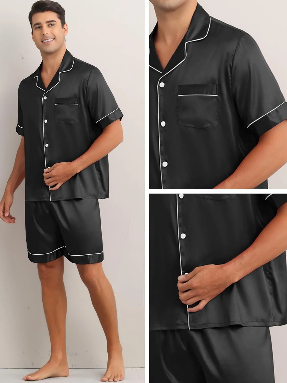 Lars Amadeus Satin Pajamas Set for Men's Short Sleeve Sleepwear Loungewear Shirts and Shorts 2 Pieces Pajama