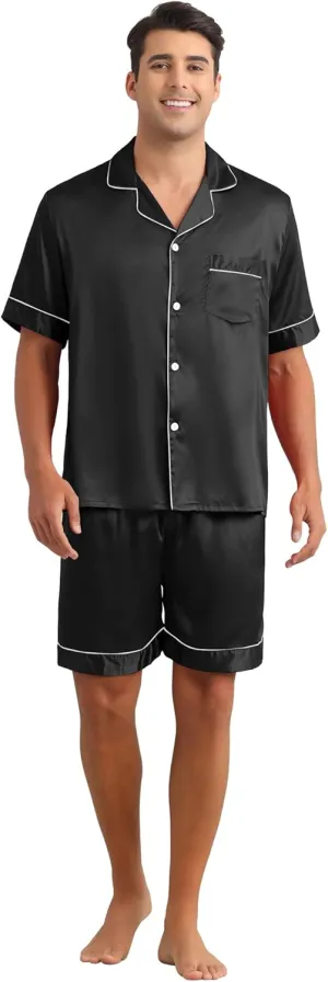 Lars Amadeus Satin Pajamas Set for Men's Short Sleeve Sleepwear Loungewear Shirts and Shorts 2 Pieces Pajama