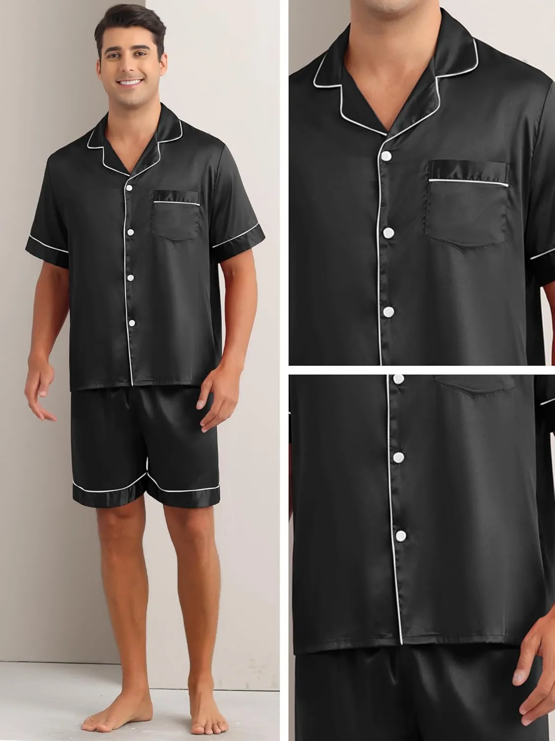 Lars Amadeus Satin Pajamas Set for Men's Short Sleeve Sleepwear Loungewear Shirts and Shorts 2 Pieces Pajama