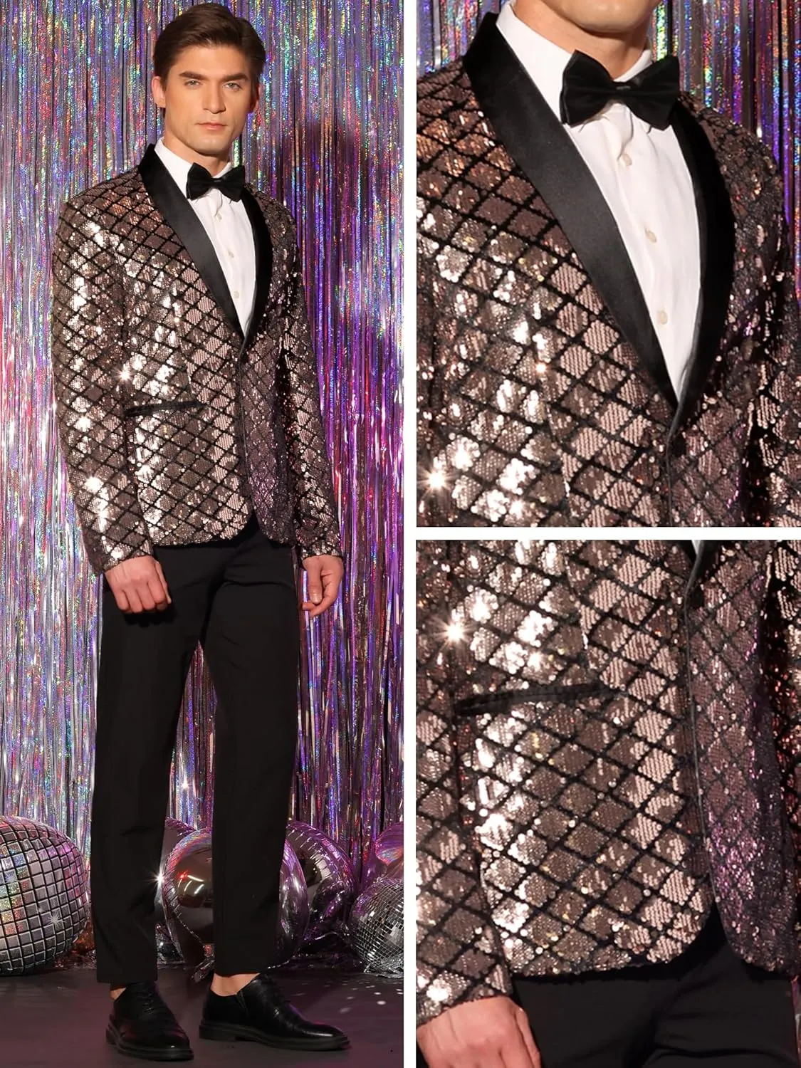 Lars Amadeus Sequin Blazer for Men's Argyle Pattern Peak Lapel Prom Shiny Sports Coat
