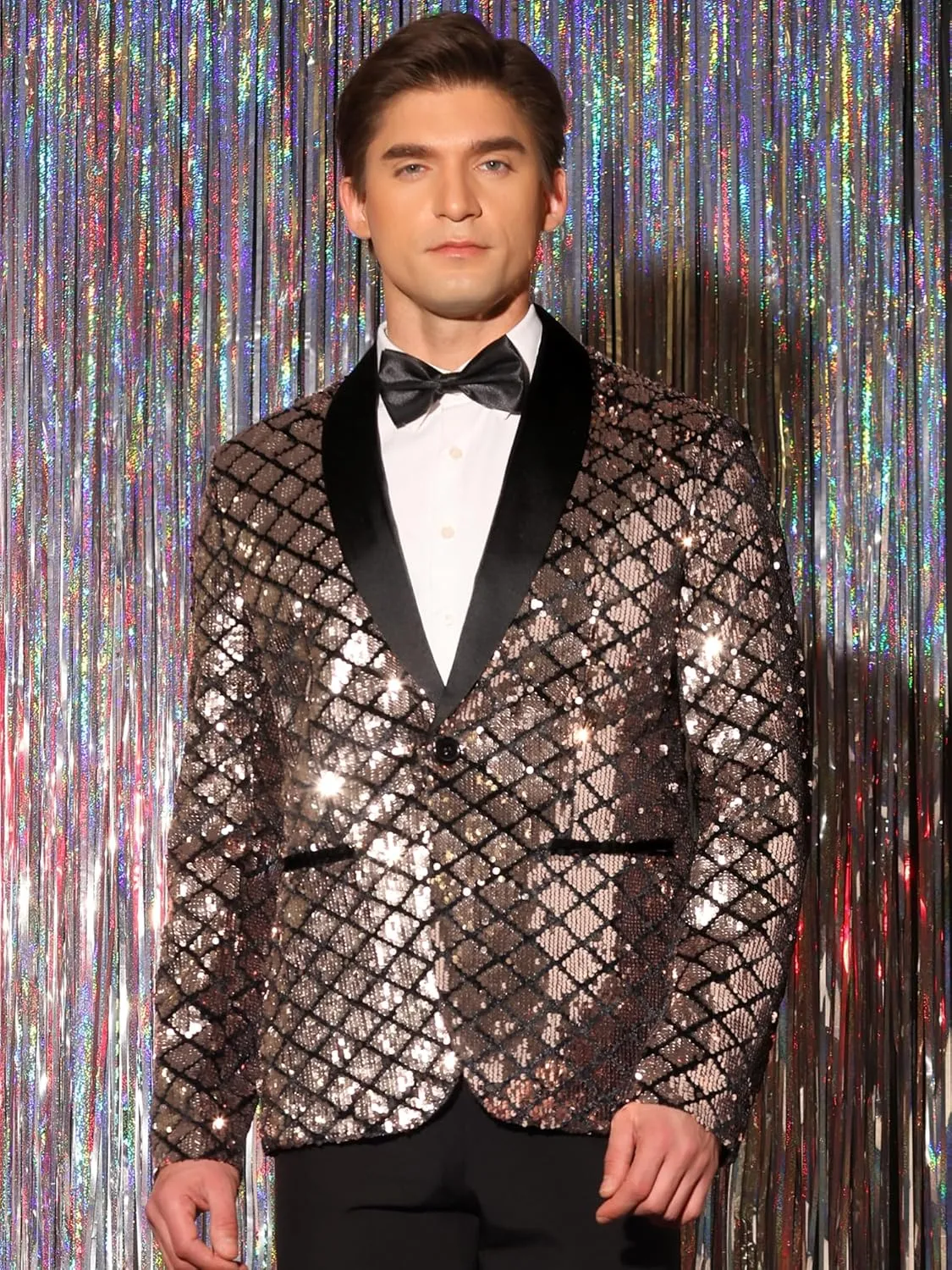 Lars Amadeus Sequin Blazer for Men's Argyle Pattern Peak Lapel Prom Shiny Sports Coat
