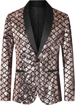 Lars Amadeus Sequin Blazer for Men's Argyle Pattern Peak Lapel Prom Shiny Sports Coat