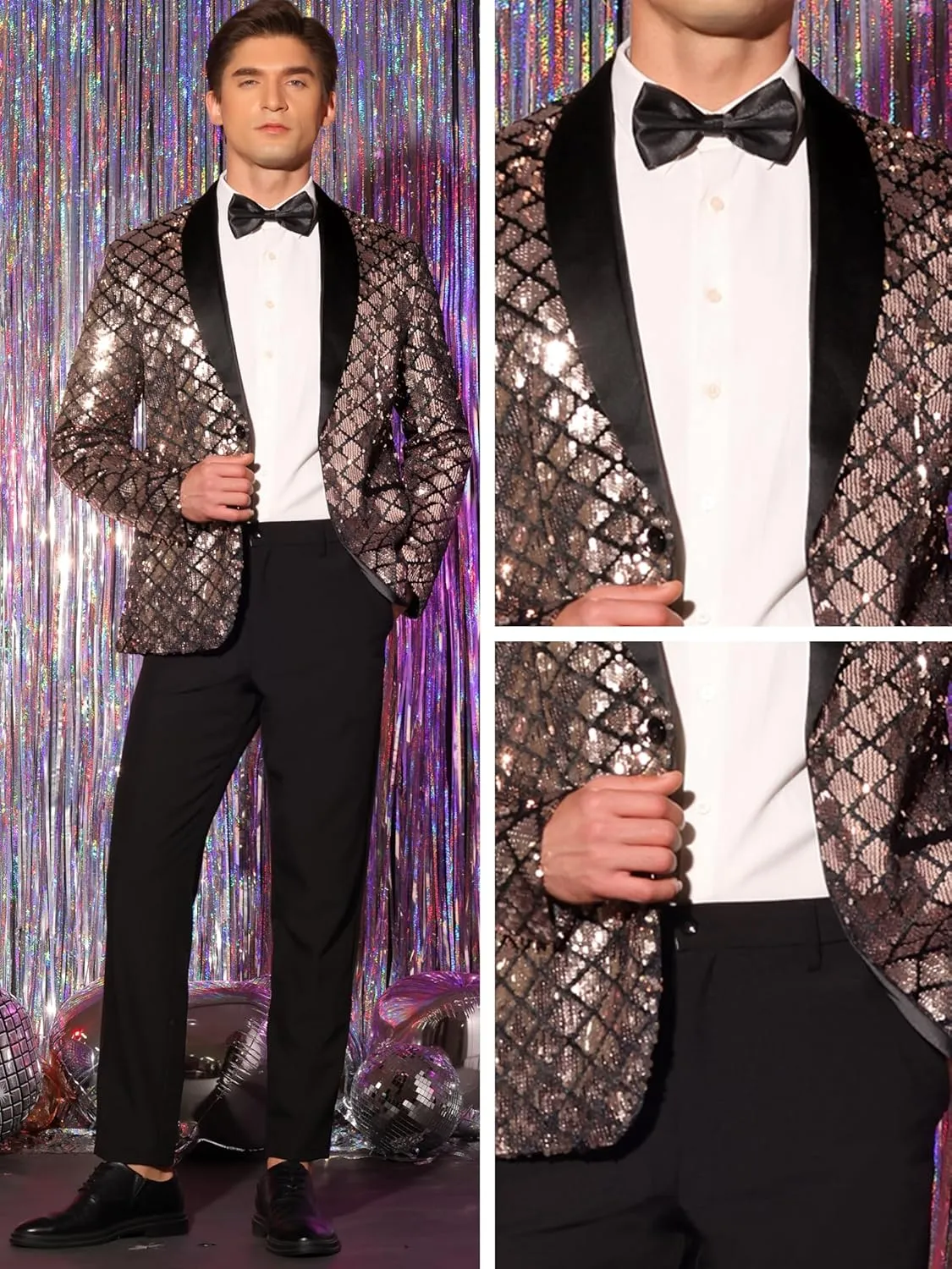 Lars Amadeus Sequin Blazer for Men's Argyle Pattern Peak Lapel Prom Shiny Sports Coat