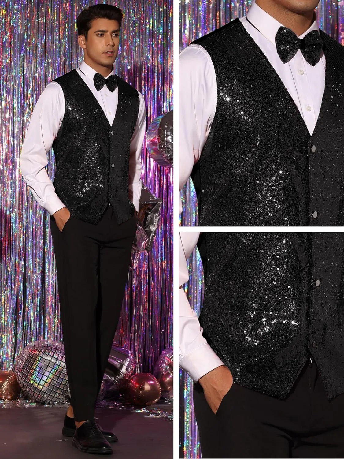 Lars Amadeus Sequins Vest for Men's V-Neck Slim Fit Shiny Disco Party Sleeveless Waistcoat Bowtie