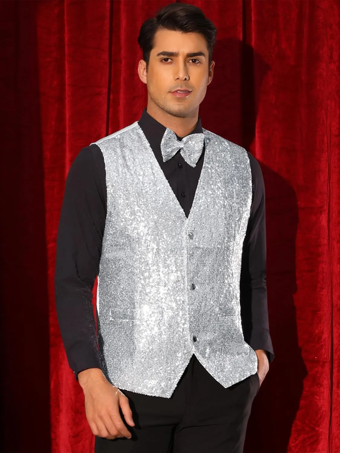 Lars Amadeus Sequins Vest for Men's V-Neck Slim Fit Shiny Disco Party Sleeveless Waistcoat Bowtie
