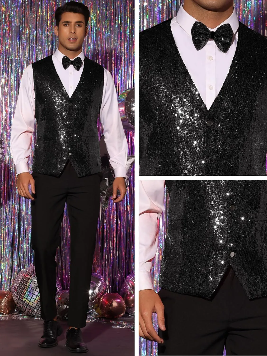 Lars Amadeus Sequins Vest for Men's V-Neck Slim Fit Shiny Disco Party Sleeveless Waistcoat Bowtie