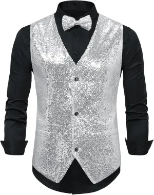 Lars Amadeus Sequins Vest for Men's V-Neck Slim Fit Shiny Disco Party Sleeveless Waistcoat Bowtie