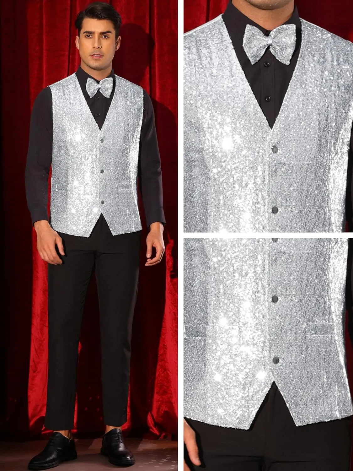 Lars Amadeus Sequins Vest for Men's V-Neck Slim Fit Shiny Disco Party Sleeveless Waistcoat Bowtie
