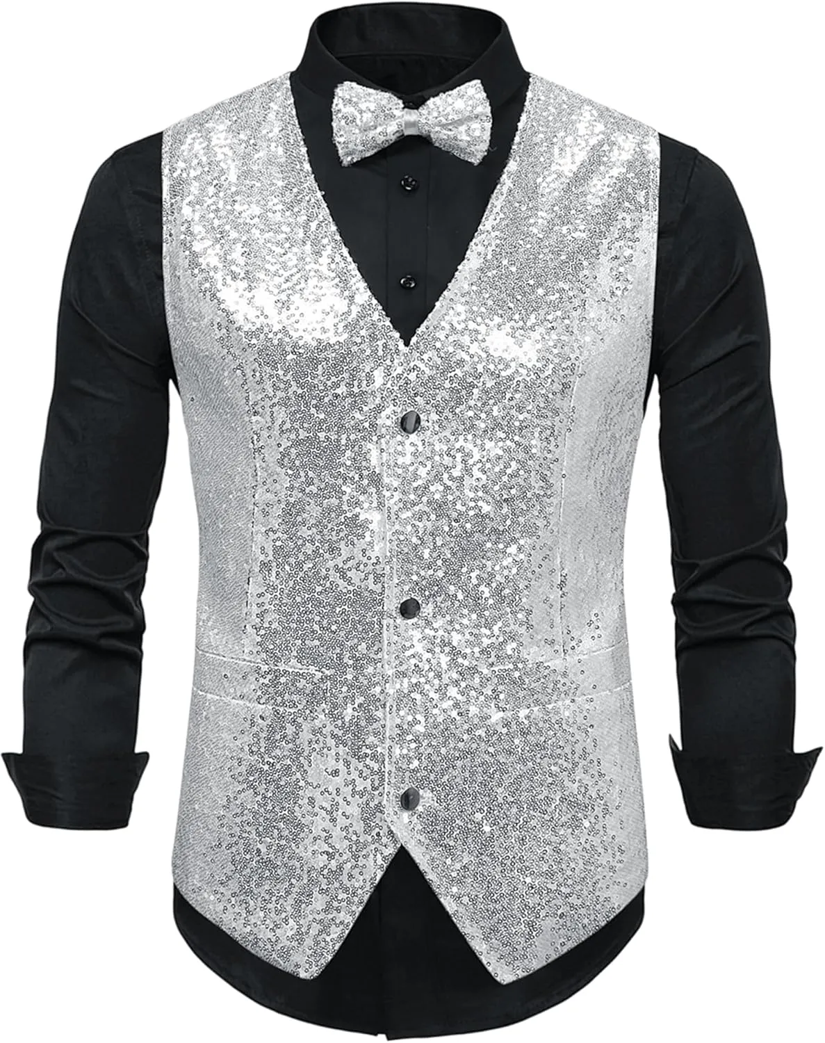 Lars Amadeus Sequins Vest for Men's V-Neck Slim Fit Shiny Disco Party Sleeveless Waistcoat Bowtie