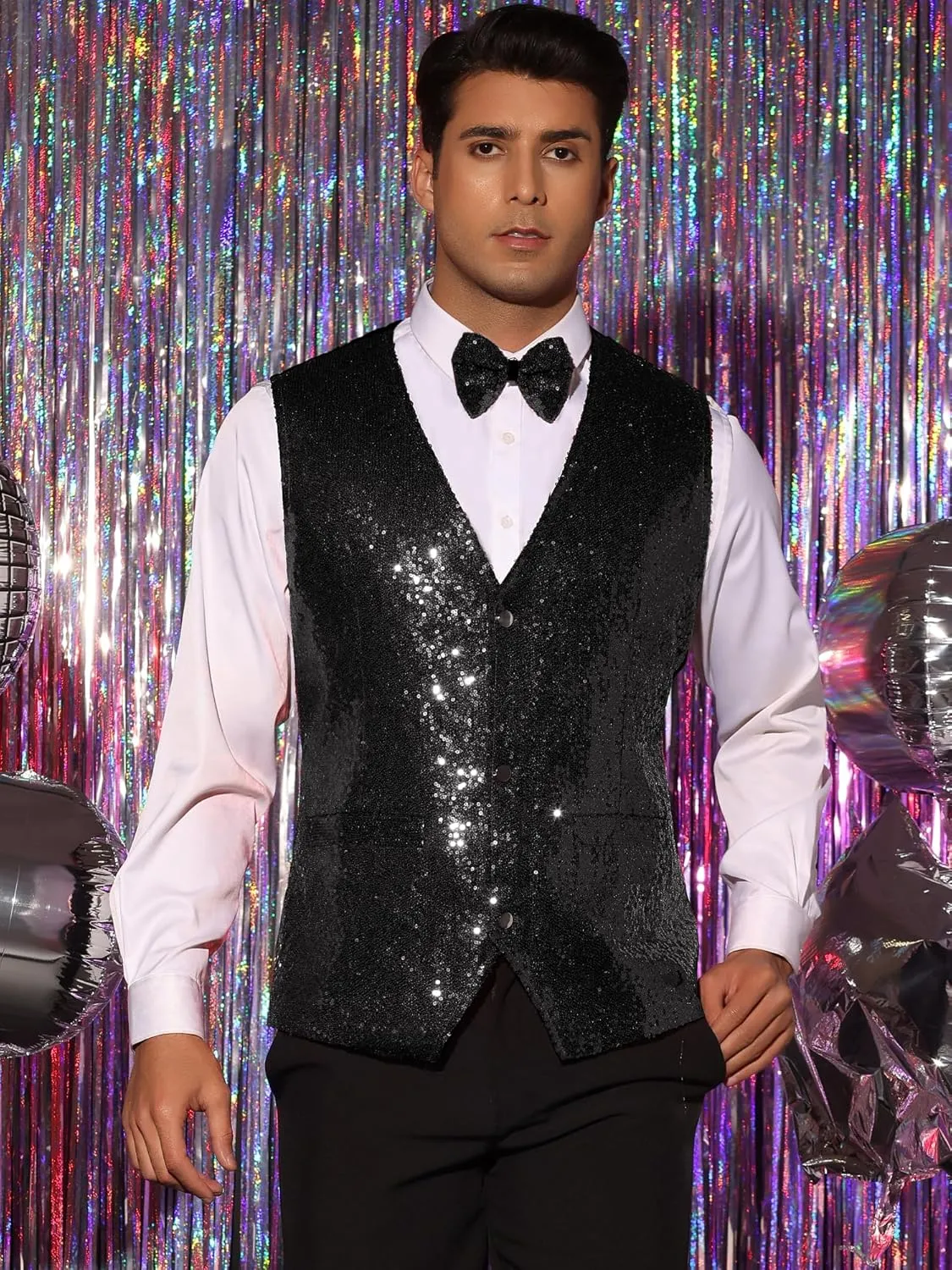Lars Amadeus Sequins Vest for Men's V-Neck Slim Fit Shiny Disco Party Sleeveless Waistcoat Bowtie