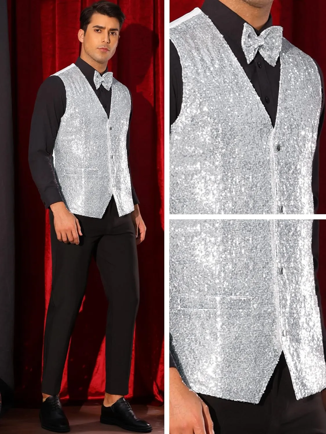 Lars Amadeus Sequins Vest for Men's V-Neck Slim Fit Shiny Disco Party Sleeveless Waistcoat Bowtie