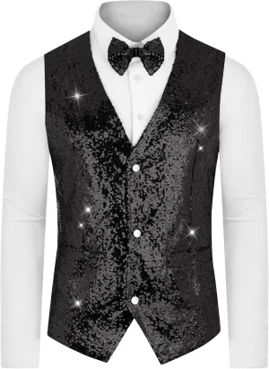 Lars Amadeus Sequins Vest for Men's V-Neck Slim Fit Shiny Disco Party Sleeveless Waistcoat Bowtie