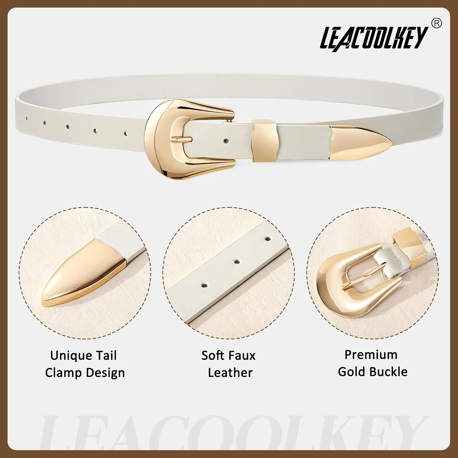 LEACOOLKEY Women Leather Belt Ladies Faux Leather Belt for Jeans Dress Fashion Silver Gold Buckle Waist Belt