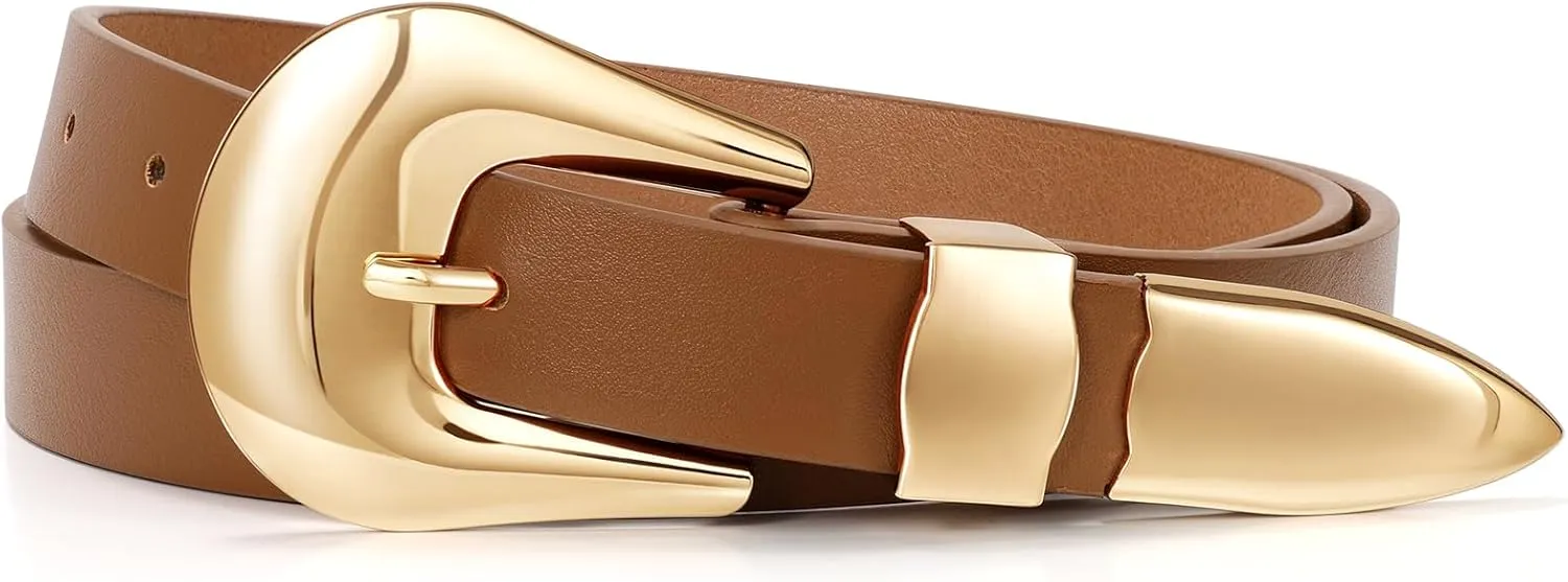 LEACOOLKEY Women Leather Belt Ladies Faux Leather Belt for Jeans Dress Fashion Silver Gold Buckle Waist Belt