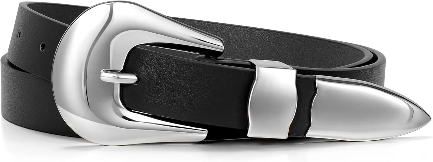 LEACOOLKEY Women Leather Belt Ladies Faux Leather Belt for Jeans Dress Fashion Silver Gold Buckle Waist Belt