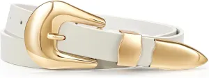 LEACOOLKEY Women Leather Belt Ladies Faux Leather Belt for Jeans Dress Fashion Silver Gold Buckle Waist Belt