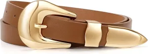 LEACOOLKEY Women Leather Belt Ladies Faux Leather Belt for Jeans Dress Fashion Silver Gold Buckle Waist Belt