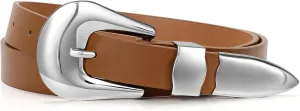LEACOOLKEY Women Leather Belt Ladies Faux Leather Belt for Jeans Dress Fashion Silver Gold Buckle Waist Belt