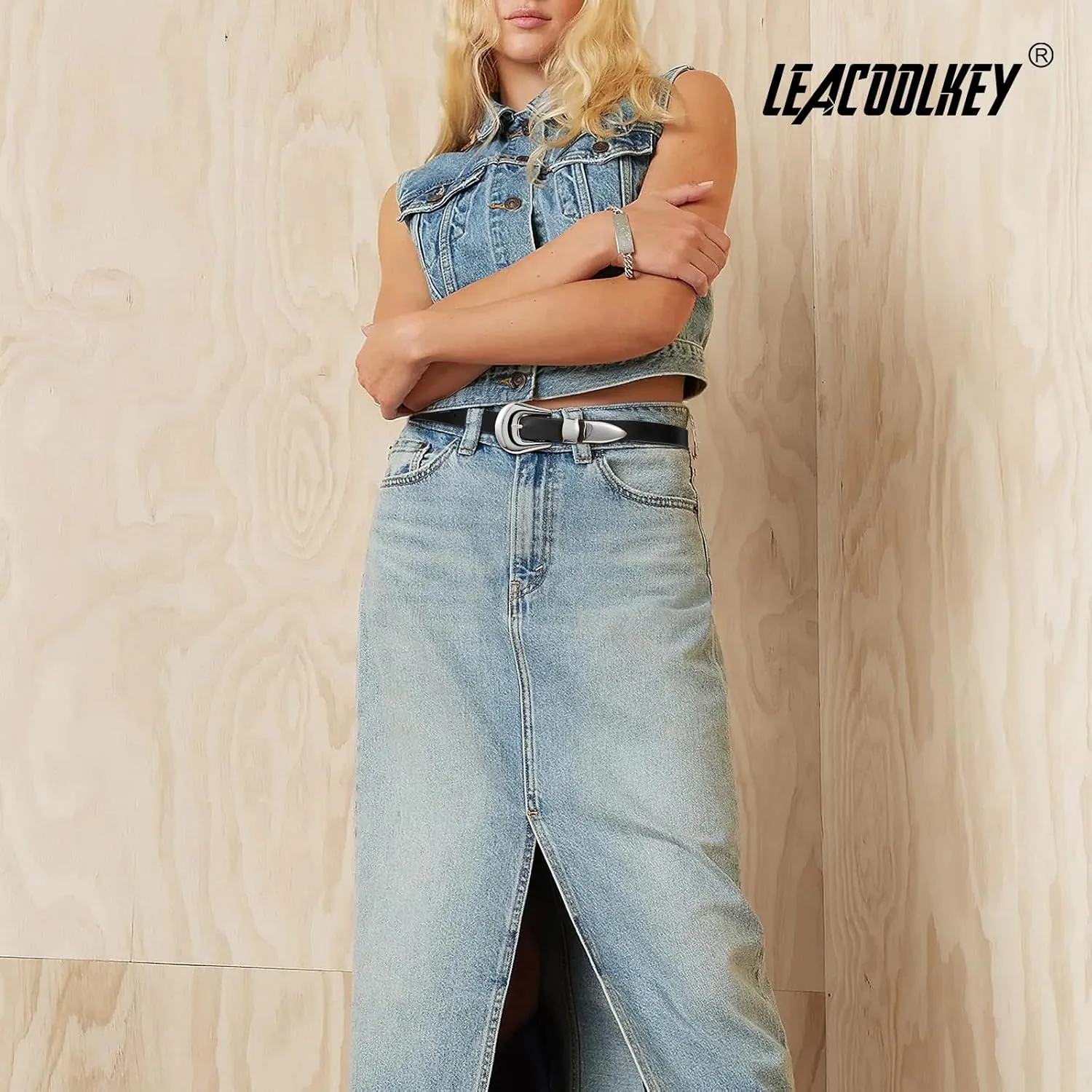 LEACOOLKEY Women Leather Belt Ladies Faux Leather Belt for Jeans Dress Fashion Silver Gold Buckle Waist Belt