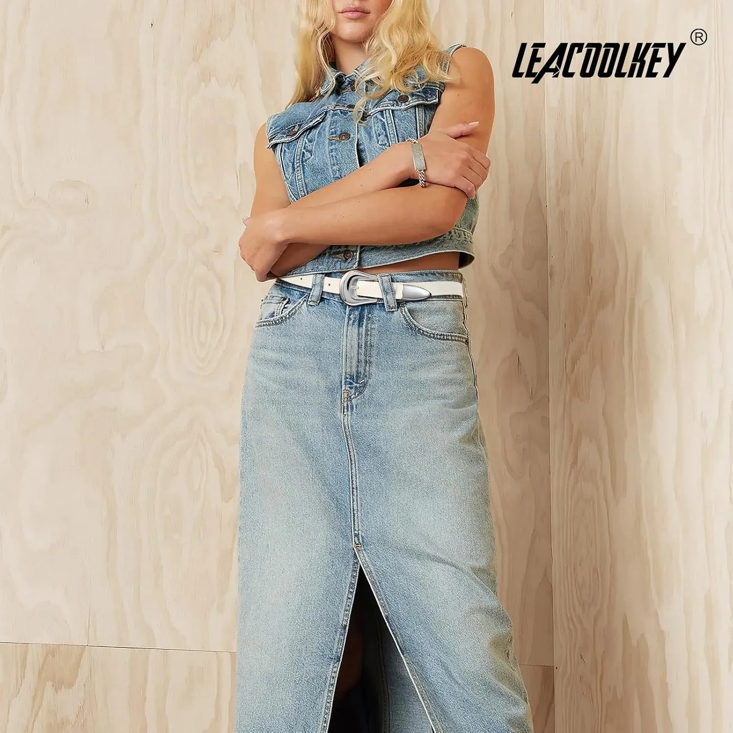 LEACOOLKEY Women Leather Belt Ladies Faux Leather Belt for Jeans Dress Fashion Silver Gold Buckle Waist Belt