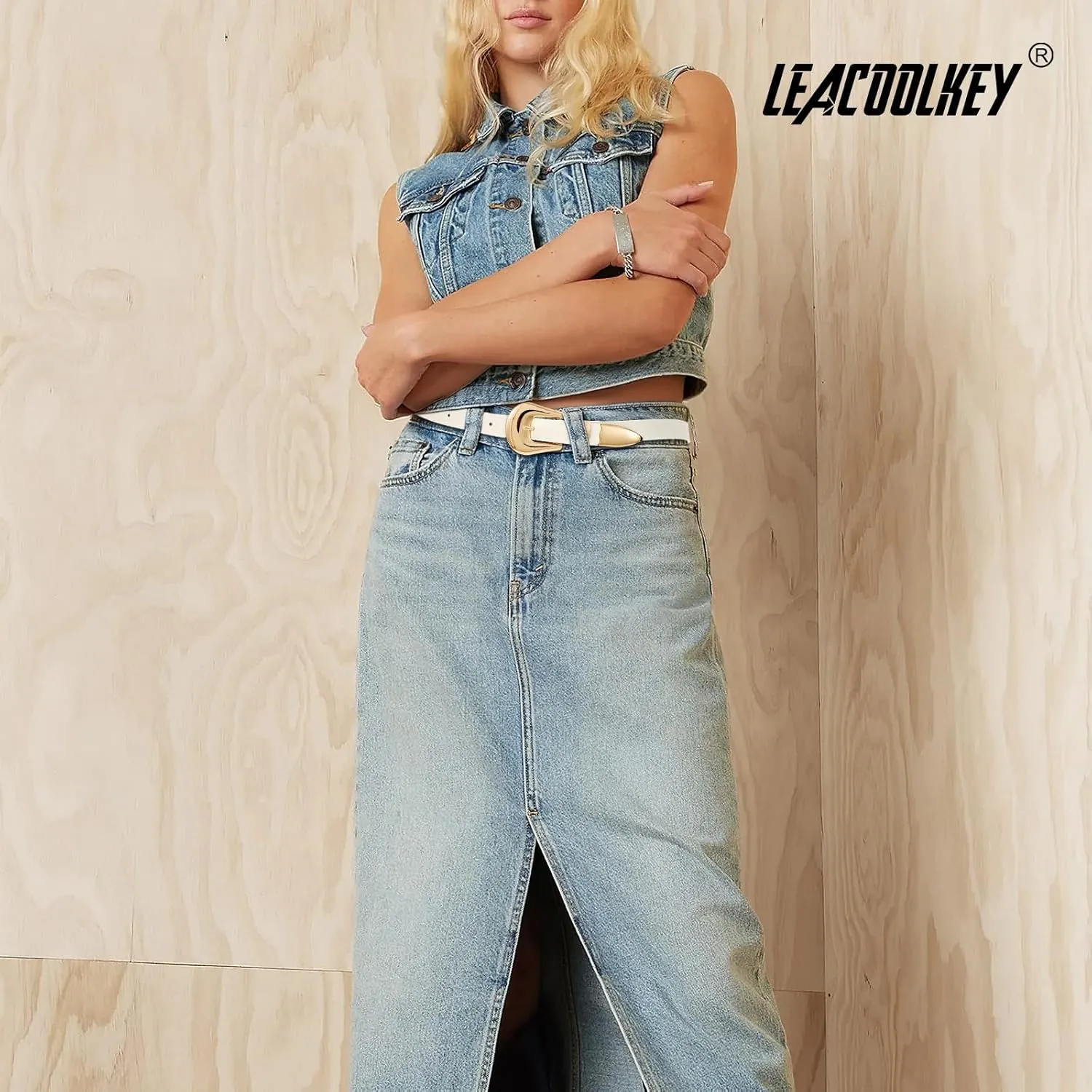LEACOOLKEY Women Leather Belt Ladies Faux Leather Belt for Jeans Dress Fashion Silver Gold Buckle Waist Belt