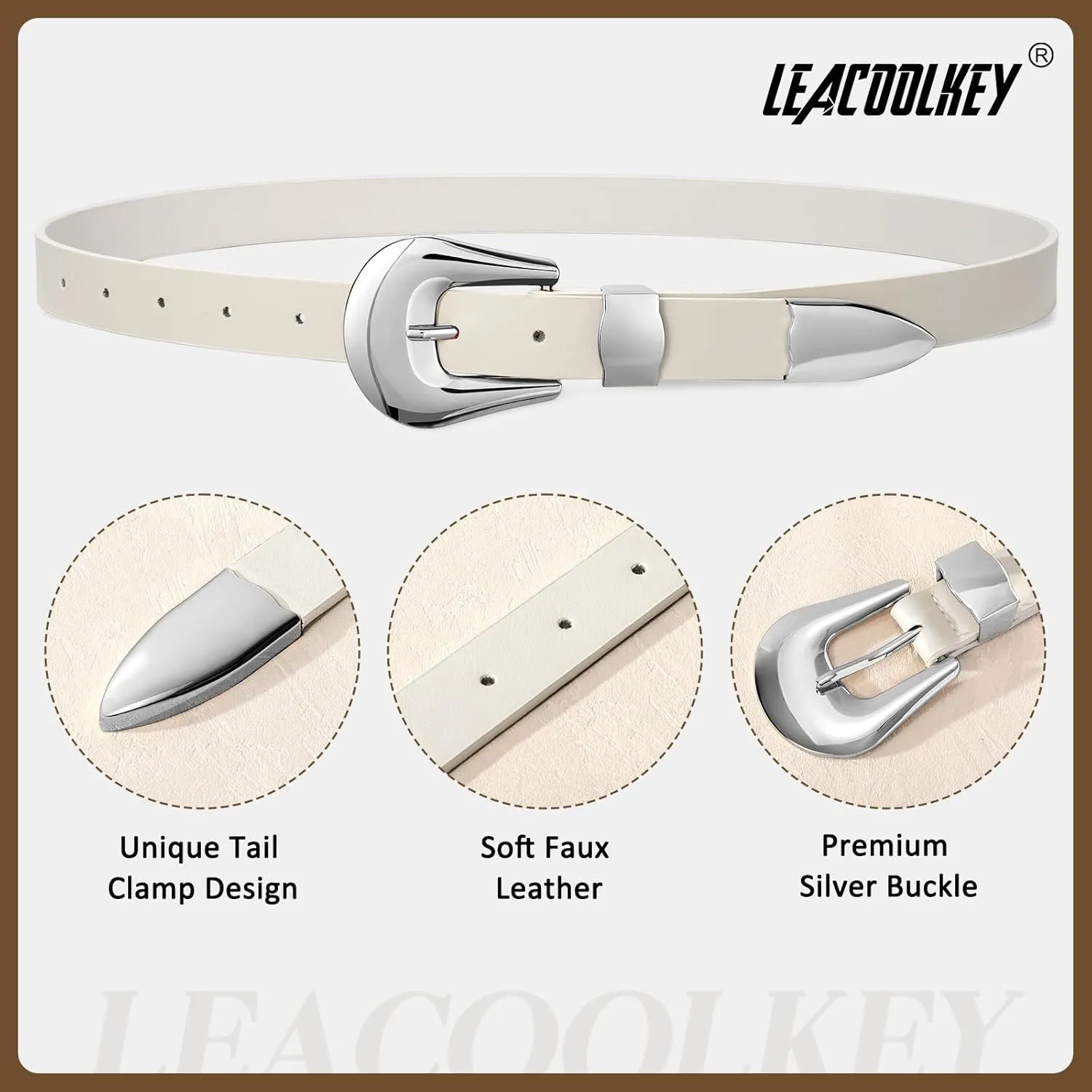 LEACOOLKEY Women Leather Belt Ladies Faux Leather Belt for Jeans Dress Fashion Silver Gold Buckle Waist Belt