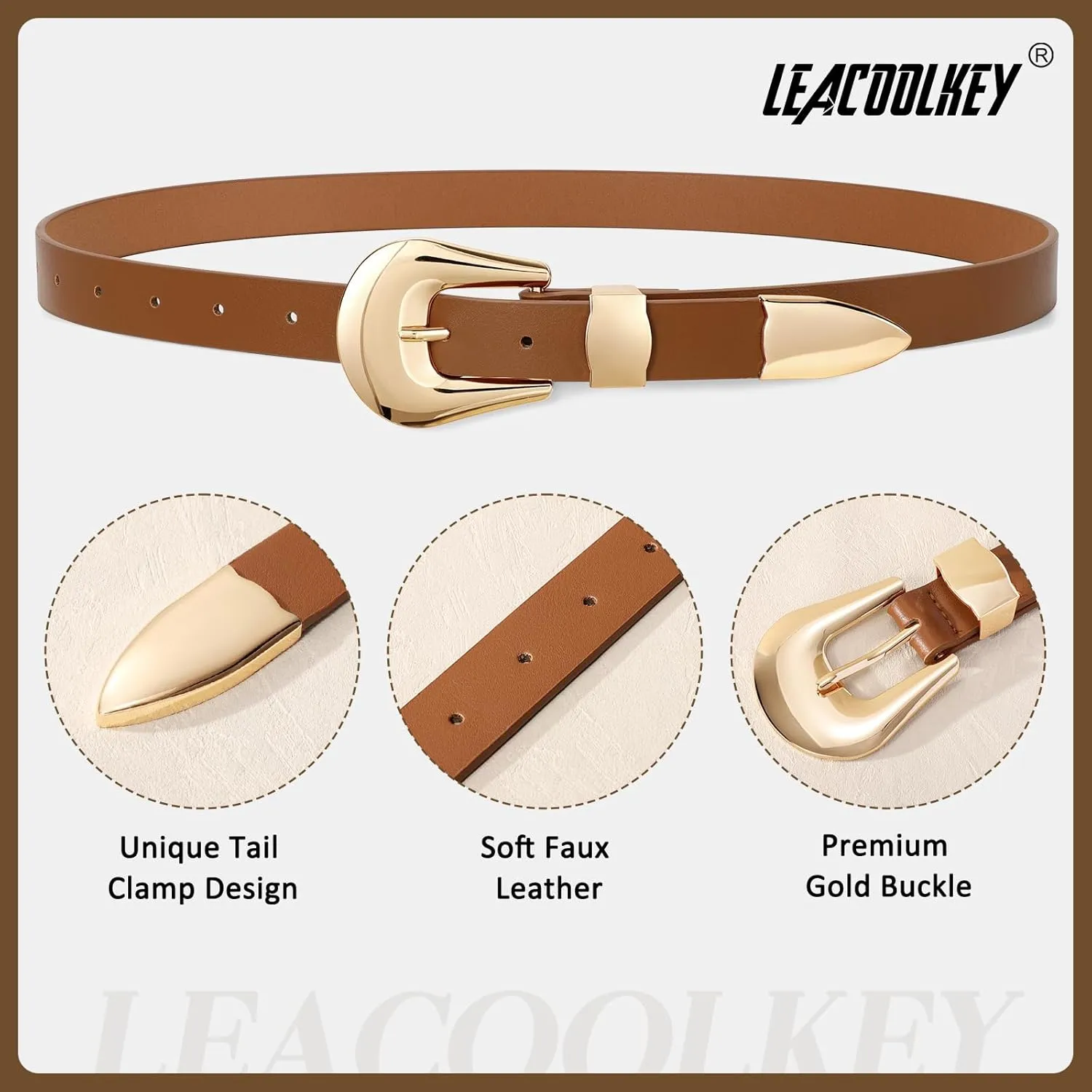 LEACOOLKEY Women Leather Belt Ladies Faux Leather Belt for Jeans Dress Fashion Silver Gold Buckle Waist Belt
