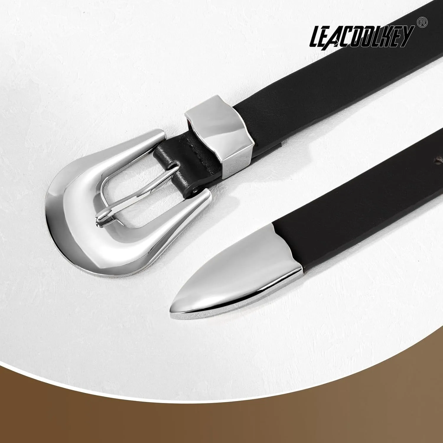 LEACOOLKEY Women Leather Belt Ladies Faux Leather Belt for Jeans Dress Fashion Silver Gold Buckle Waist Belt