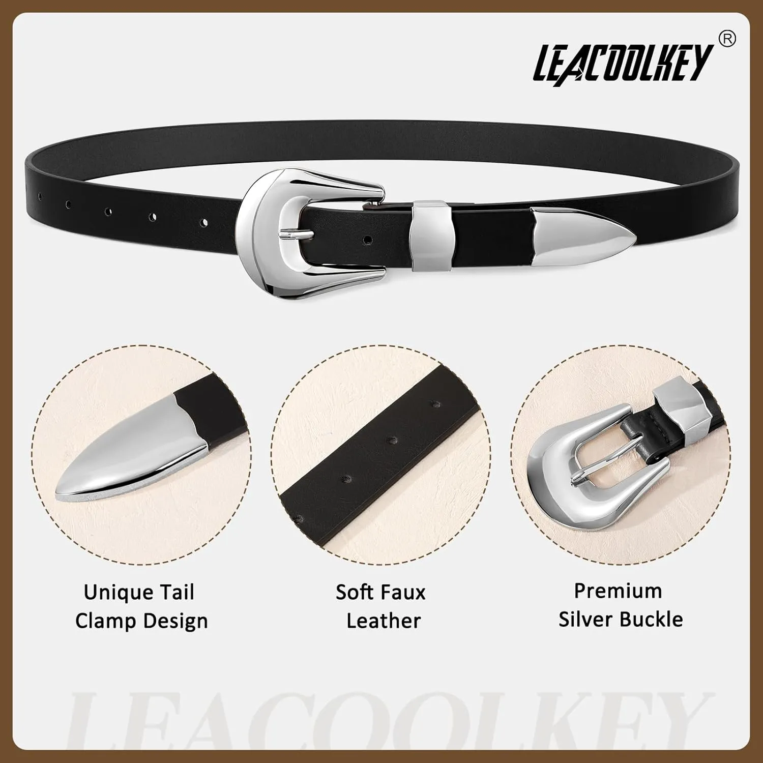 LEACOOLKEY Women Leather Belt Ladies Faux Leather Belt for Jeans Dress Fashion Silver Gold Buckle Waist Belt