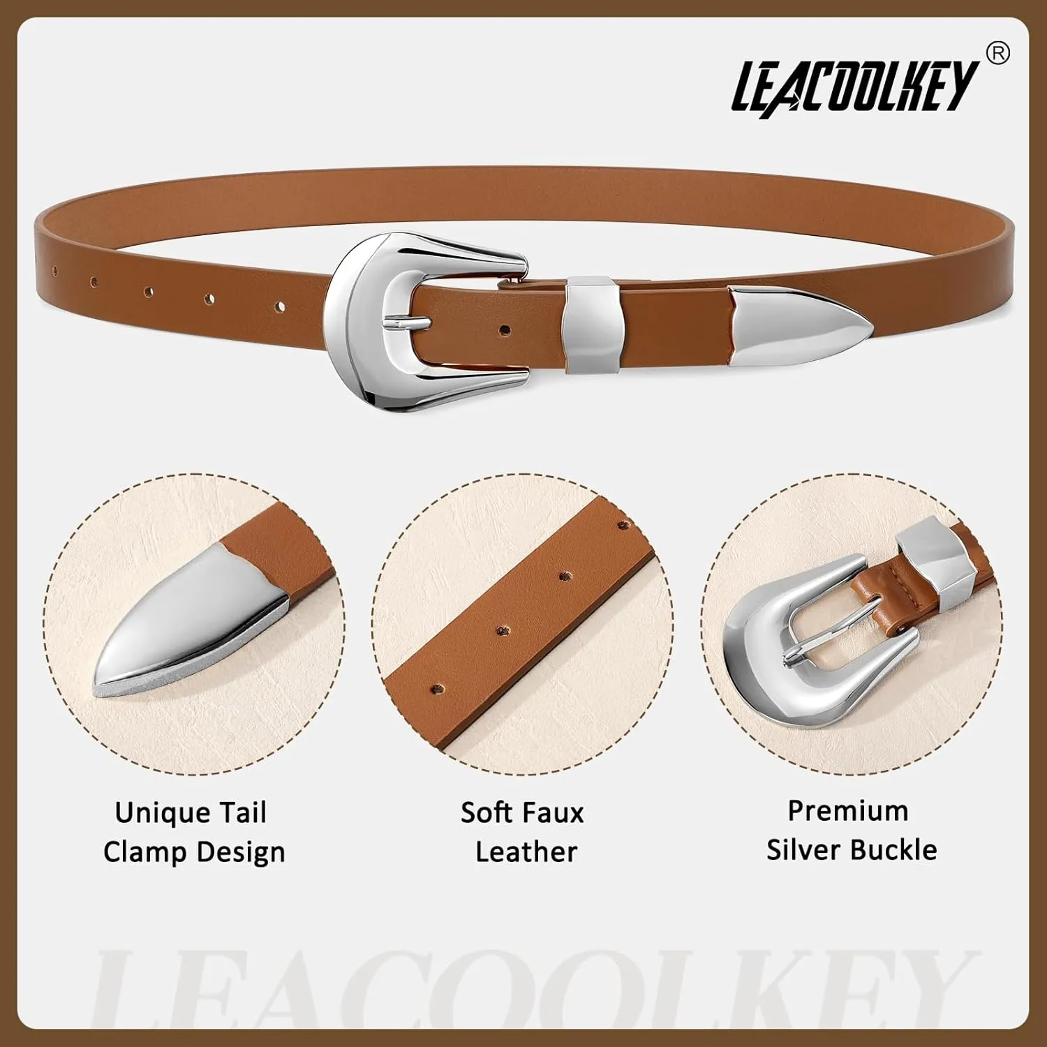 LEACOOLKEY Women Leather Belt Ladies Faux Leather Belt for Jeans Dress Fashion Silver Gold Buckle Waist Belt