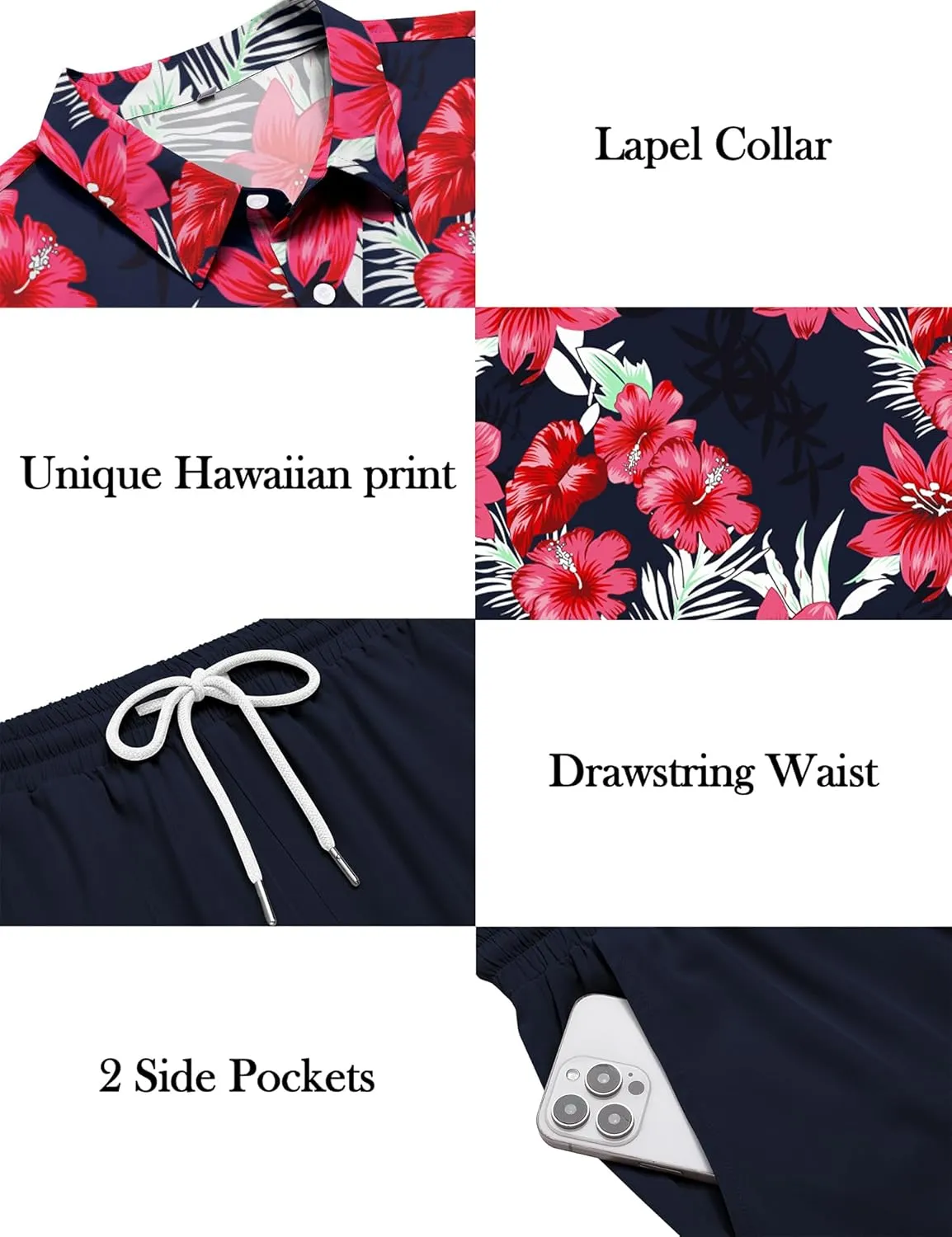 LecGee Men's 2 Piece Hawaiian Short Set Floral Button Down Shirt and Beach Shorts Summer Vacation Outfits for Men
