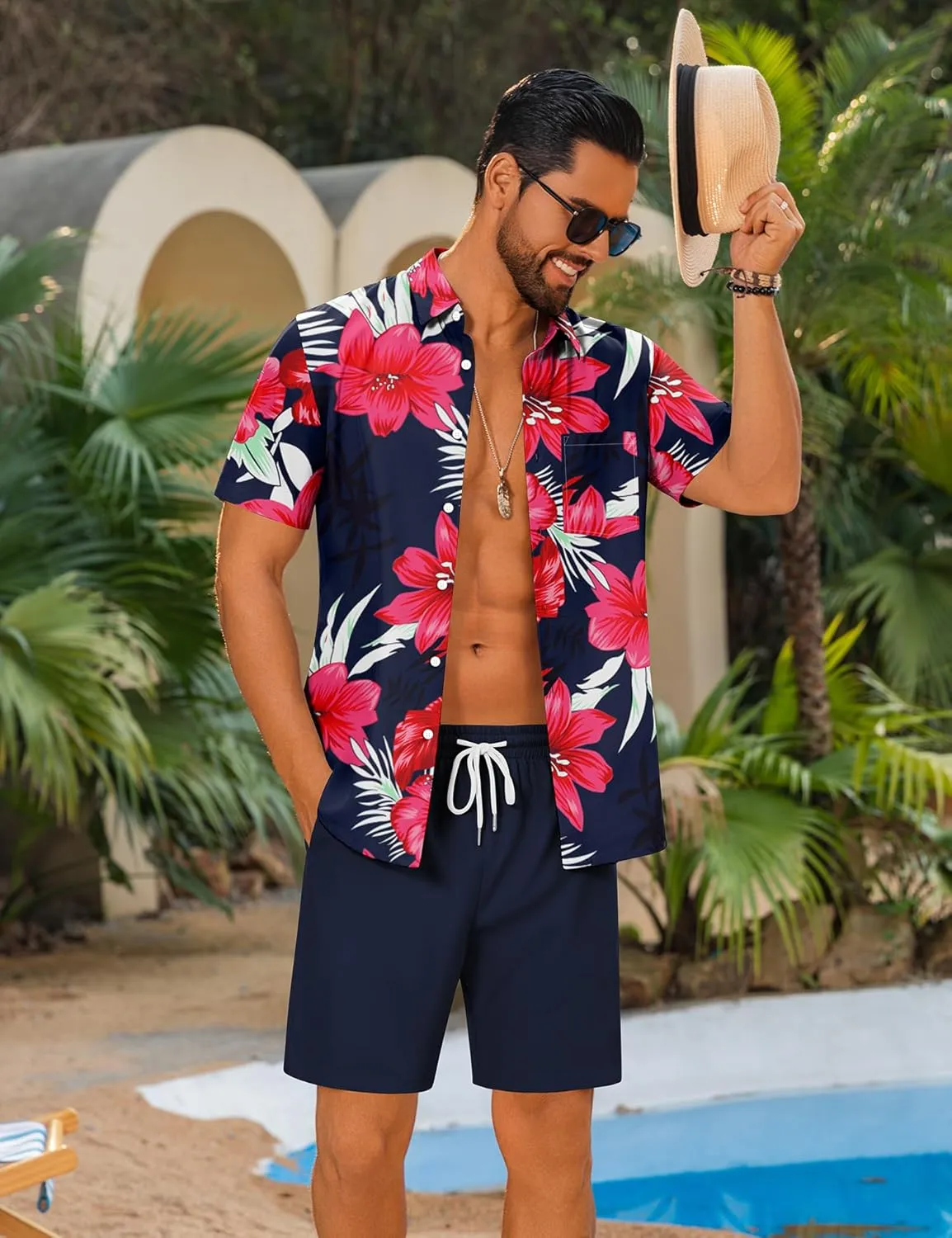 LecGee Men's 2 Piece Hawaiian Short Set Floral Button Down Shirt and Beach Shorts Summer Vacation Outfits for Men