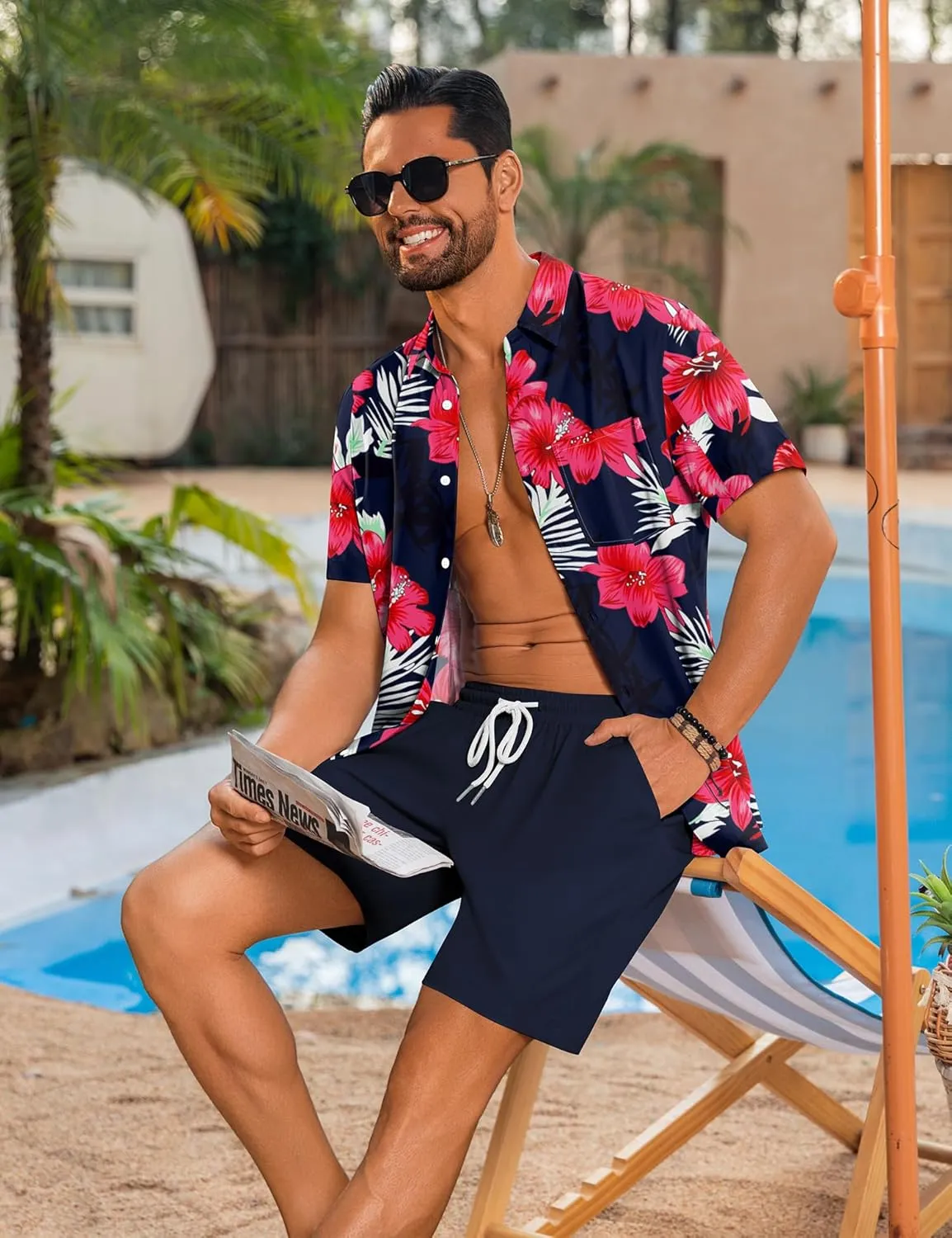 LecGee Men's 2 Piece Hawaiian Short Set Floral Button Down Shirt and Beach Shorts Summer Vacation Outfits for Men