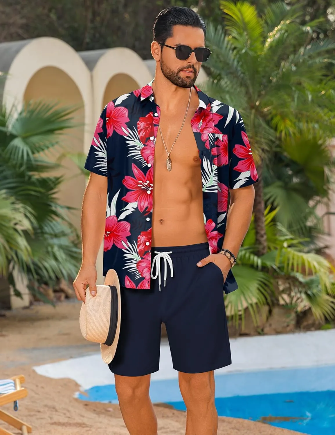 LecGee Men's 2 Piece Hawaiian Short Set Floral Button Down Shirt and Beach Shorts Summer Vacation Outfits for Men