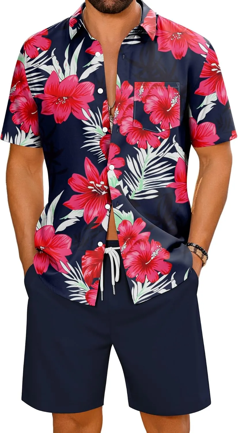 LecGee Men's 2 Piece Hawaiian Short Set Floral Button Down Shirt and Beach Shorts Summer Vacation Outfits for Men