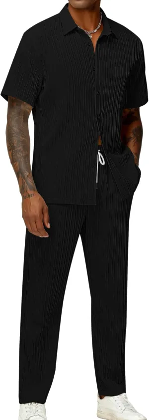 LecGee Men's 2 Piece Vertical Striped Textured Outfits Summer Casual Button Down Shirts And Pants Matching Sets